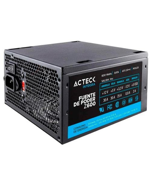 FUENTE DE PODER ACTECK FACTOR ATX 600 W 204 PINES 3 SATA 2 MOLEX PCI-E 62 VENTILADOR 12CM MODELO Z-600